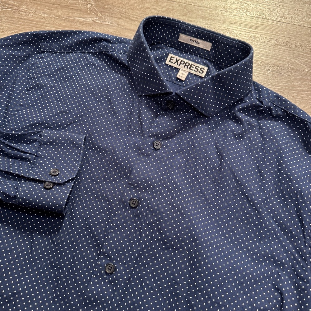 Express Shirt Mens L Blue 100% Cotton Polka Dot Fitted Long Sleeve Preppy Casual